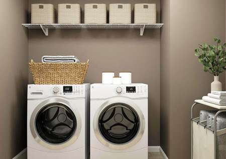 Rendering of the laundry room with dark
  brown walls, a washer and dryer, shelf decorated with baskets and a laundry
  hamper.