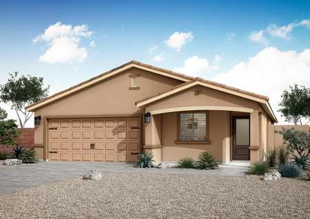 The Prescott floor plan with tan paint, tile roofing and professional landscaping.