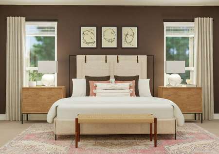 Rendering of the master bedroom focused
  on the large bed, two nightstands, rug and bench. An accent wall, paintings,
  two table lamps and matching pillows complete the look.