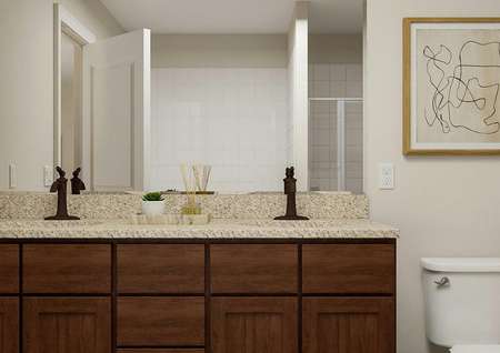 Rendering of the master bath focused on
  the double-sink vanity, which has brown cabinetry and granite counters.