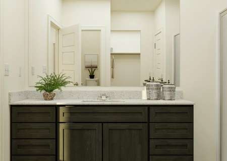 Rendering of the master bath focused on
  the brown-cabinet vanity. The shower is next to the vanity and the closet and
  water closet are reflected in the mirror.
