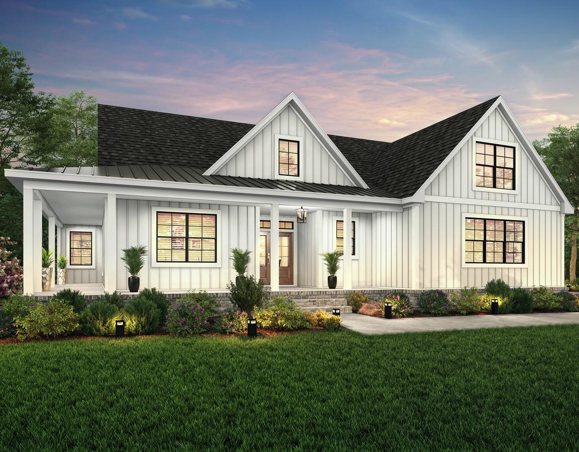 Dusk elevation rendering of the two-story Kennesaw with a wraparound porch and white siding.