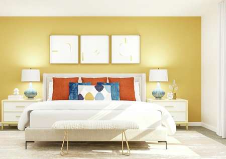 Rendering of the master bedroom in the Hennepin, which has a large bed centered between two nightstands. A bench sits at the foot of the bed and abstract artwork hangs above it.