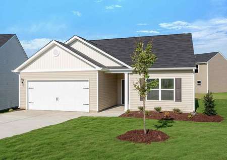 Alamance home front rendering with grass, tree, and two-car garage