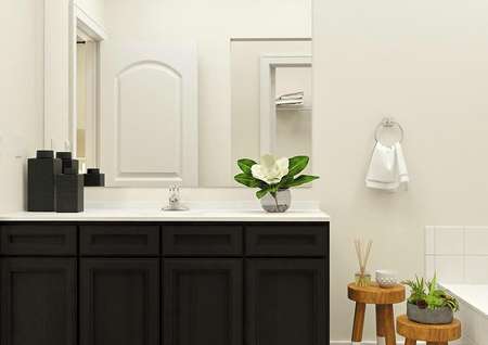 Rendering of the Maple master bath focused on the brown cabinet vanity. The tub is visible on the right and wooden stools topped with plants act as decor.