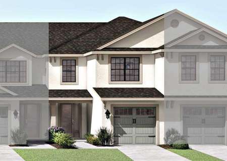 The Sorrento floor plan renderings that has a green decorative single-car garage and a stylish front door.