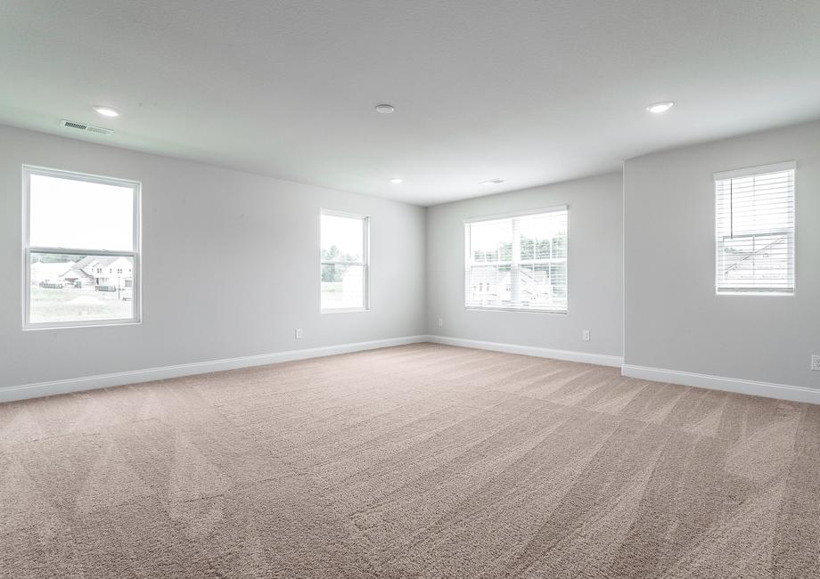Master bedroom with lots of windows and carpet.