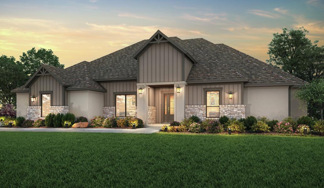 The Timberline dusk rendering with stucco, dark siding and tan stone detailing.