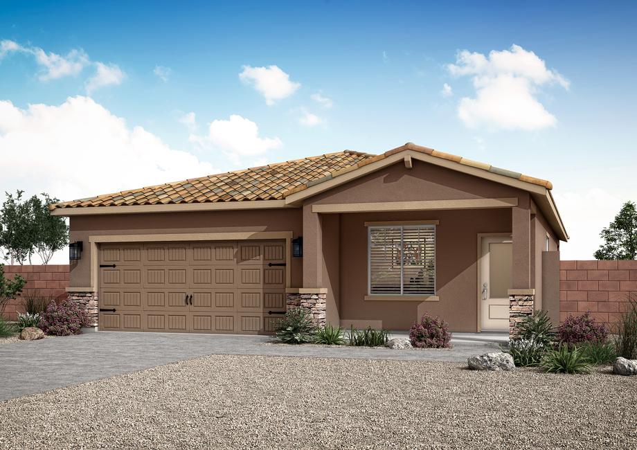 Rendering of the cozy, single-story Taos with an inviting porch and professional landscaping.