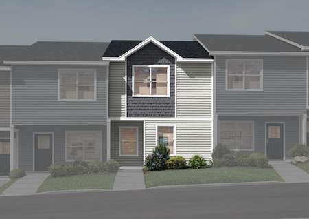 Two-story townhome with white and gray siding and a covered front entryway.