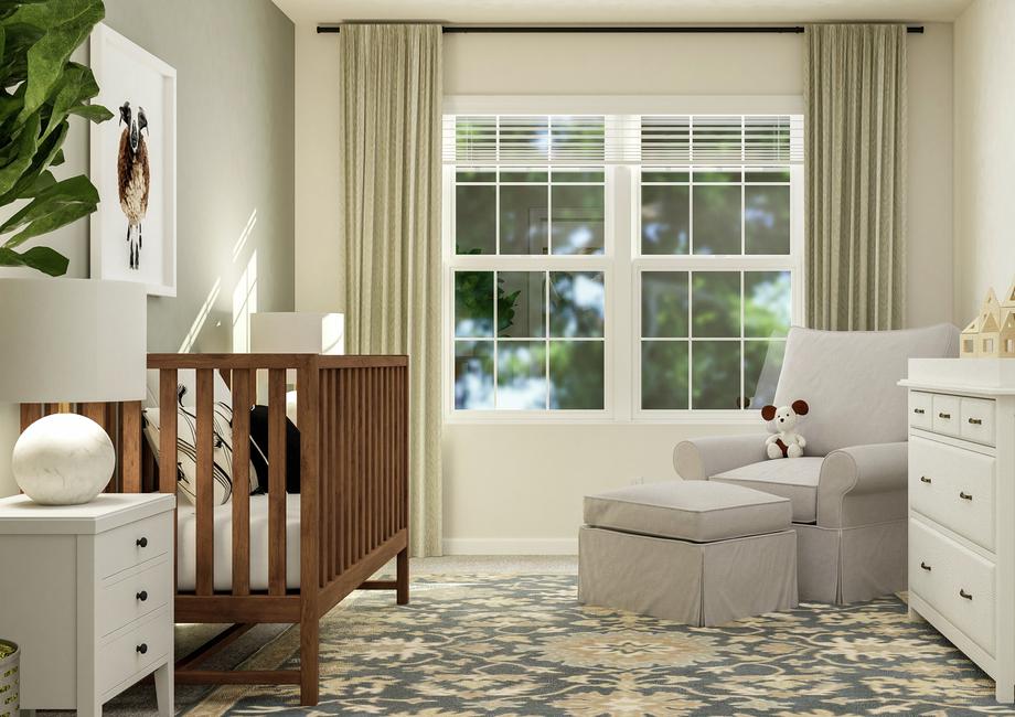 Rendering of a bedroom in the Hartford
  plan being used as a nursery. The room has a large window and carpeted
  flooring and is furnished with a crib, nightstands, armchair with foot rest
  and a dresser.