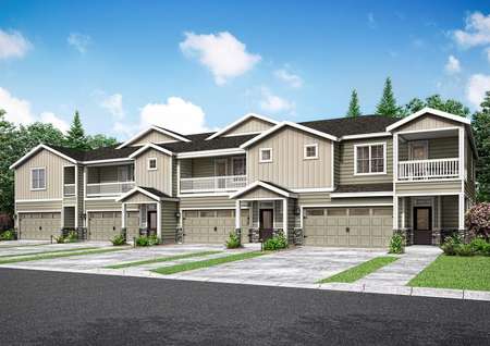 Artist rendering of a right angle of a 4-unit townhome building with the Amethyst, Diamond, Diamond and Emerald front elevations shown with glass front doors and stone accents.