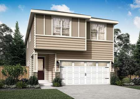 Rendering of the Hood floor plan, a two story home with siding