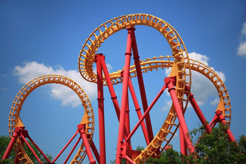 Oklahoma City, Oklahoma roller coaster with red and yellow tracks.