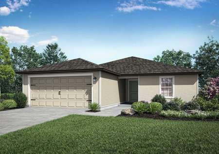 Sunnyside new home rendering with green grass and plants in the front yard, light colored siding, and dark colored roofing
