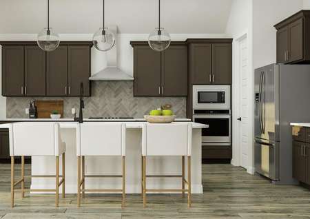 Rendering of the spacious kitchen
  featuring grey cabinetry, stainless-steel appliances, wood-look flooring and
  herringbone backsplash. A view of the dining room is to the left.