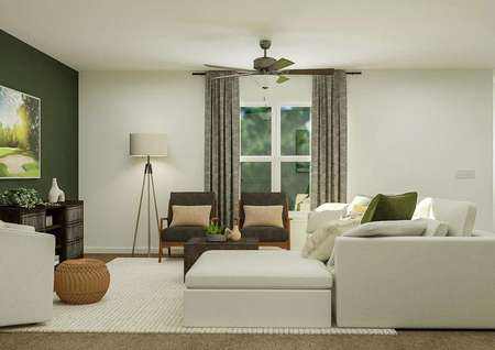 Rendering of the living room furnished
  with a white sectional couch, two gray-and-wood accent chairs, a cream accent
  chair and a floor lamp. The space has carpeted flooring and a large window.