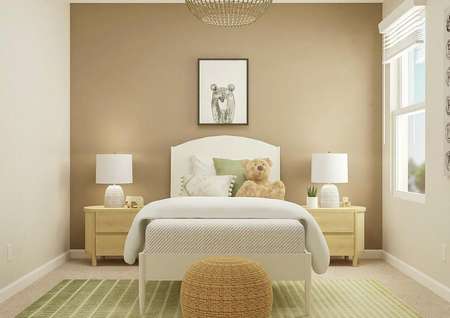 Rendering of a secondary bedroom with a
  window decorated as a children's room with a tan accent wall, white bed,
  light wood nightstands and a green-and-white rug. 