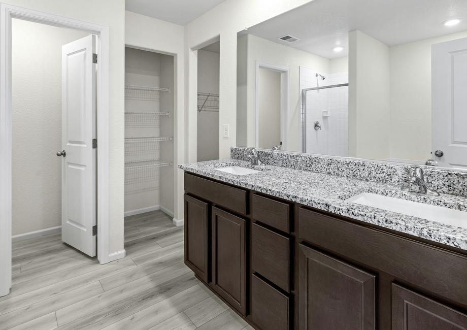 Master bathroom with a soaking tub, walk-in shower and walk-in closet.