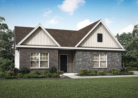 Rendering of the Allatoona, showcasing stone, brick, and siding with a side-entry garage.