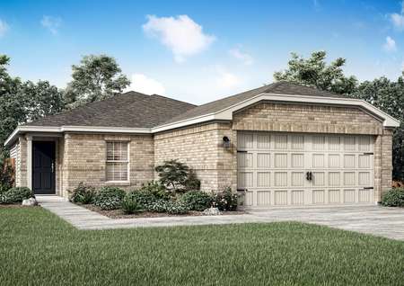 The Bay plan is a single-story home with a light brick exterior.