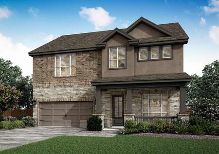 The Brazos plan with a stucco, brick and stone exterior.