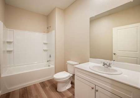 Secondary bathroom with a white vanity.