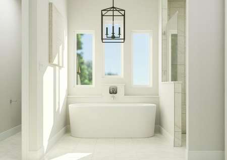 Rendering of the master bathroom showing
  a freestanding bath tub, shower and chandelier.