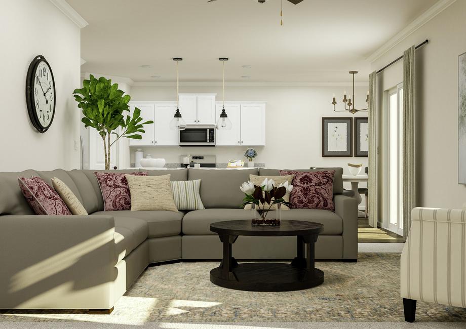 Rendering showing the open floor plan of
  the Hartford floor plan. The living room is furnished with a sectional,
  coffee table and armchair. The kitchen and breakfast nook are visible behind
  the sectional.