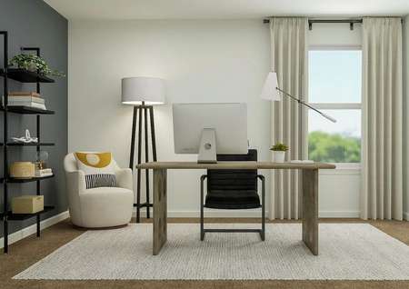 Rendering of a spacious room decorated
  with a wood desk, black office chair, cream accent chair, black-and-white
  floor lamp and black shelving. The room has carpeted flooring and a window.