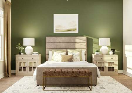 Rendering of third bedroom showing a tan
  framed bed with matching nightstands along a green accent wall and beige
  carpet flooring throughout.