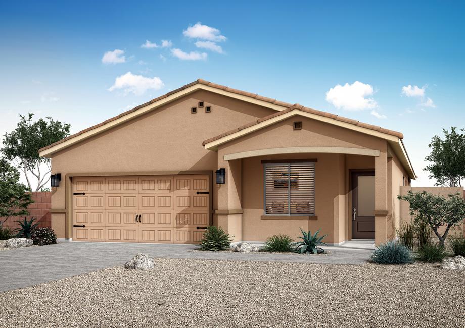 Rendering of the Prescott with gorgeous stucco and a covered front porch.
