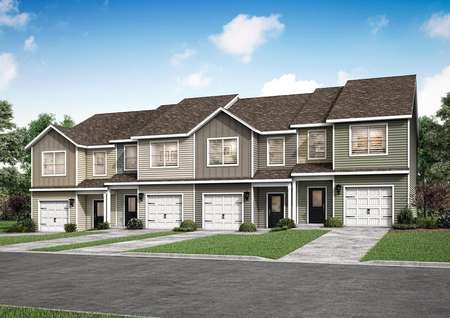 Artist rendering of a 4-unit townhome building with the Robertson II and Robertson floor plans in siding viewed from the right.