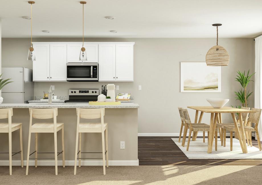 Rendering of the kitchen and dining room.
  The kitchen has a breakfast bar, stainless steel appliances and decorative
  pendant lights.