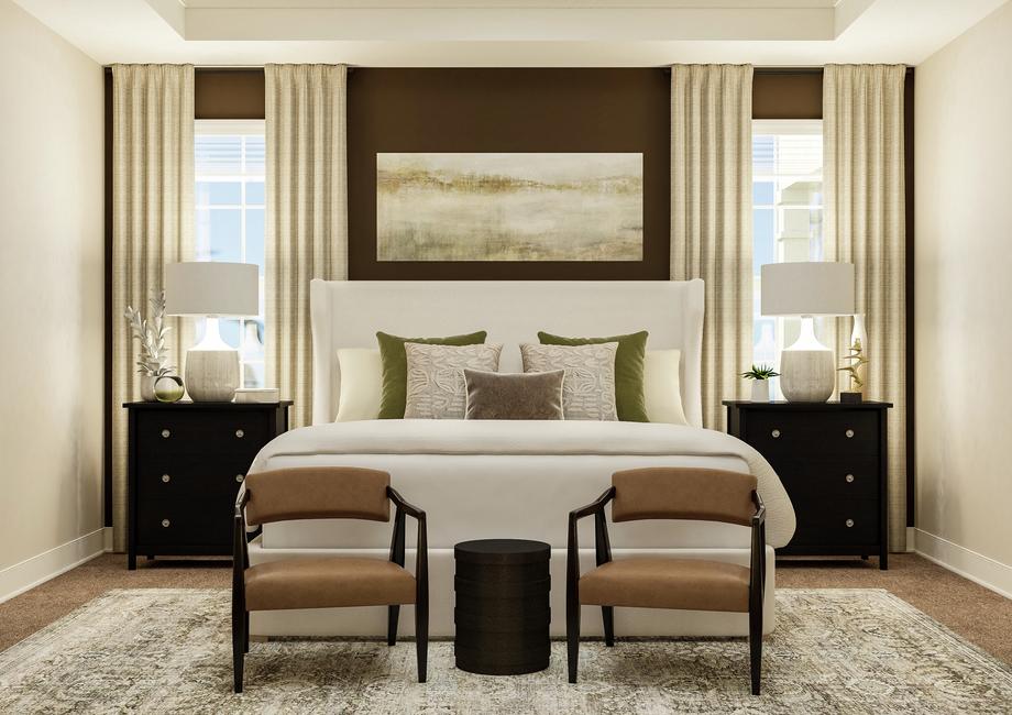 Rendering of spacious master bedroom
  showing large white framed bed with matching nightstands and 2 accent chairs,
  sitting between large windows with beige carpet flooring throughout.