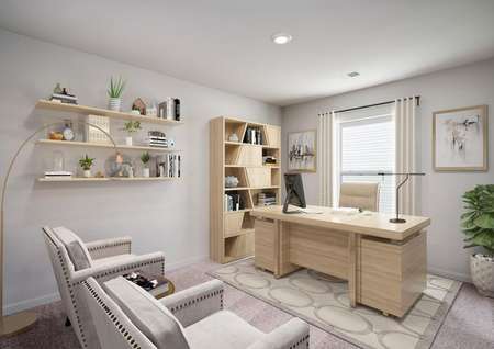Staged office with a desk and two large chairs.