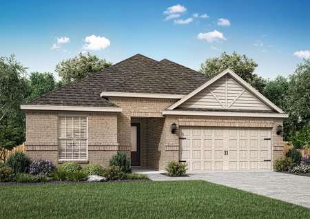 Artist illustration of the one-story Reed by LGI Homes with beige brick and cream paint trim.