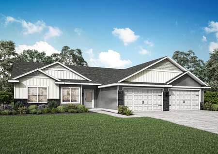 Artist rendering of the one-story St Francis II plan by LGI Homes with gray and white siding and dark gray stone.