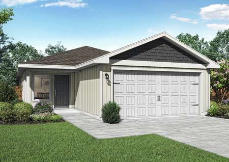 The Hawthorne plan is a charming single-story home with gray and white siding.