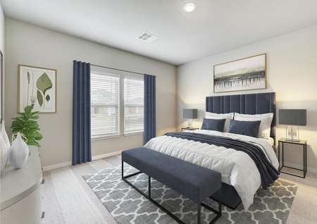 Staged master bedroom with blue curtains and bed linens.