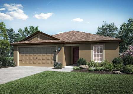 Deltona single-story home rendering with landscaped front yard, brown on brown siding, and two-car garage