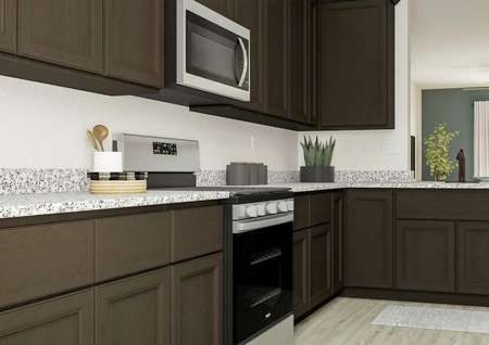 Rendering of the kitchen showing granite
  countertops, dark brown cabinetry and Whirlpool brand appliances.