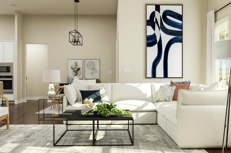 Rendering of living room area showing a
  white sectional couch and large windows, a coffee table, accent chairs, and a
  view of the kitchen and dining space in the background with dark wood look
  flooring throughout.