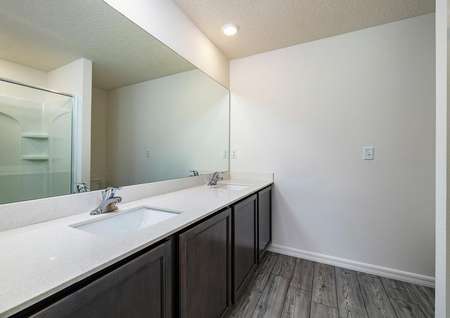 Double-sink vanity and large cabinet spaces make up the full bathroom in the owner's suite. 
