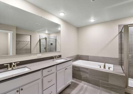 Master bathroom with dual sink vanity and soaking tub and step-in shower