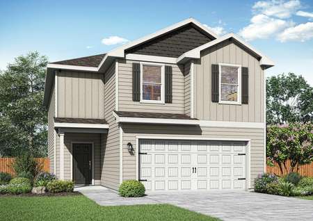 The Mesquite plan has a beautiful siding exterior with the added charm of window shutters.