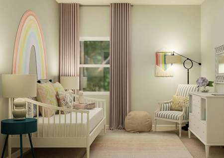 Rendering of a secondary bedroom with a
  white daybed on the left, white dresser and striped armchair on the right and
  a window with pink curtains on the back wall.
