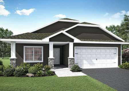 Artist rendering of the front elevation of the rambler style St. Timothy plan by LGI Homes in brown siding with white trim that features a front porch with columns, stone accents and a two-car garage.