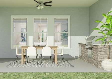 Rendering of outdoor back patio showing a
  large table and chairs in front of a set of windows and a built-in gas grill
  on right.