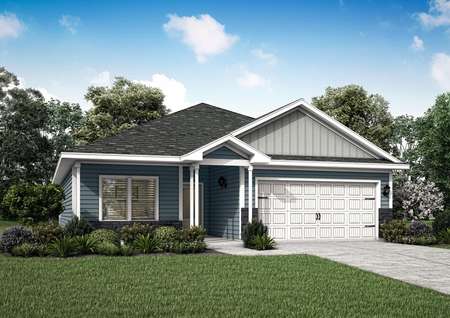 Artist rendering of a one-story Carlton plan by LGI Homes with blue and gray siding, white trim and gray stone accents.